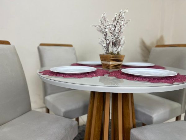 Mesa de Jantar Berlim 1.00x1.00 Redonda Com 4 Cadeiras Napoles/Londres - Cinamomo/Off White/Bege - Imagem 2