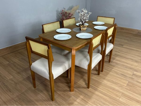 Mesa de Jantar Alegra 1.60x0.80 Com 6 Cadeiras Grécia - Cinamomo/Bege