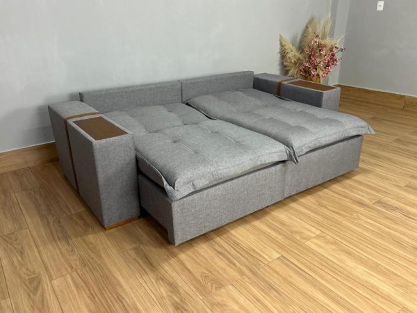 Sofá Cama Retrátil Reclinável Gabriela 2,30m - Cinza Linho/Marrom Courino - Imagem 3