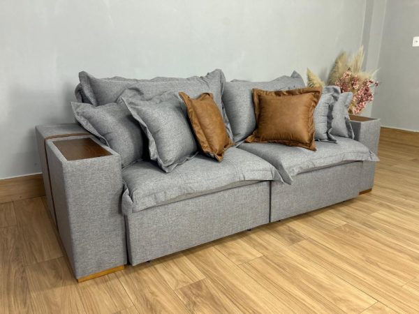 Sofá Cama Retrátil Reclinável Gabriela 2,30m - Cinza Linho/Marrom Courino - Imagem 5