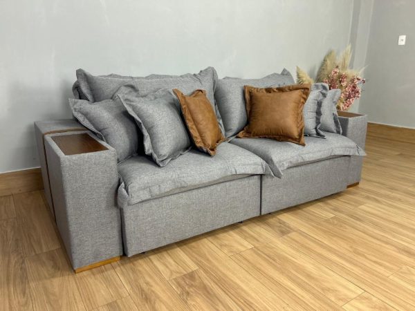 Sofá Cama Retrátil Reclinável Gabriela 2,30m - Cinza Linho/Marrom Courino - Imagem 4