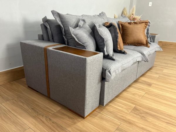 Sofá Cama Retrátil Reclinável Gabriela 2,30m - Cinza Linho/Marrom Courino - Imagem 7