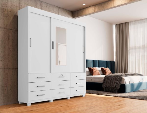 Guarda-Roupa Itapema II 3 portas de correr com espelho 9 gavetas - Branco