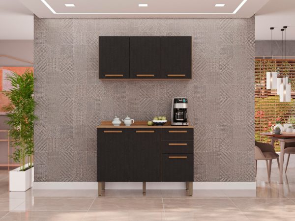 Combo Armário de Cozinha Aéreo 3 portas + Balcão 1.20 New Valência - Cinamomo/Preto