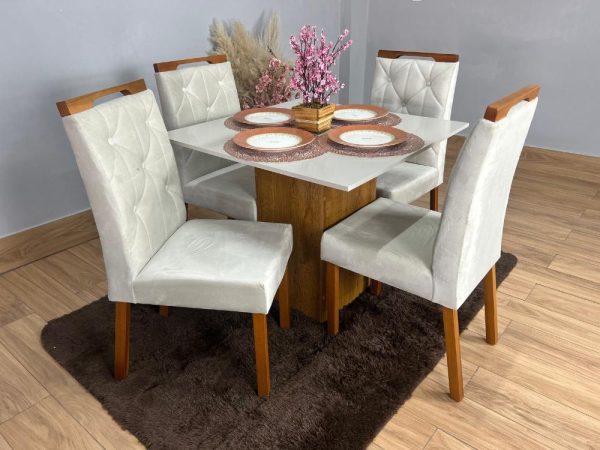 Mesa de Jantar Dakota Plus 90x90 c/ 4 Cadeiras Jasmim - Cinamomo/Off White/Bege Veludo - Imagem 5