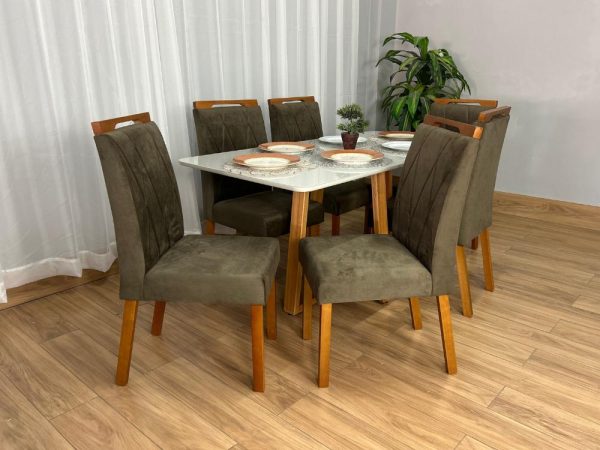 Mesa de Jantar Bali 1.60×0.80 Com 6 Cadeiras Isa – Cinamomo/Off White/Marrom Veludo - Imagem 6