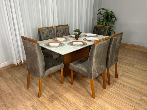 Mesa de Jantar Helo 1.60×0.90 Com 6 Cadeiras Jasmim - Freijó/Off White/Marrom Veludo