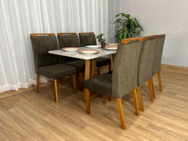 Mesa de Jantar Bali 1.60×0.80 Com 6 Cadeiras Isa – Cinamomo/Off White/Marrom Veludo - Imagem 7