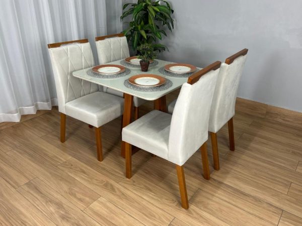Mesa de Jantar Bali 90x90 Com 4 Cadeiras Isa - Cinamomo/Off White/Bege Veludo - Imagem 3