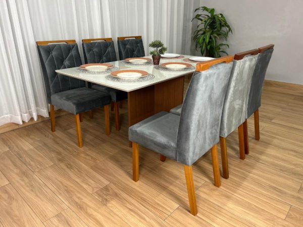 Mesa de Jantar Helo 1.60×0.90 Com 6 Cadeiras Jasmim - Freijó/Off White/Cinza Veludo - Imagem 2