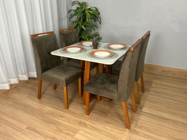 Mesa de Jantar Bali 90x90 Com 4 Cadeiras Isa - Cinamomo/Off White/Marrom Veludo - Imagem 2