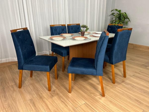 Mesa de Jantar Helo 1.60×0.90 Com 6 Cadeiras Jasmim - Freijó/Off White/Azul Veludo - Imagem 8