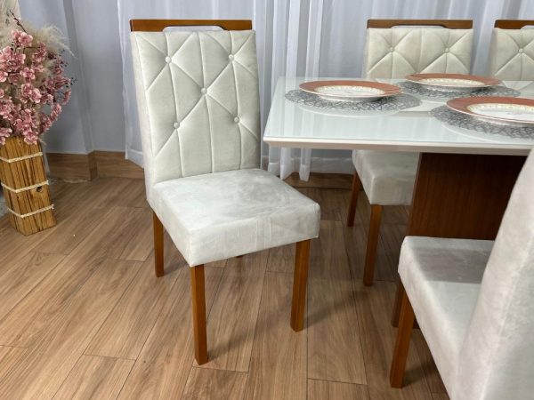 Mesa de Jantar Helo 1.60×0.90 Com 6 Cadeiras Jasmim - Freijó/Off White/Bege Veludo - Imagem 6