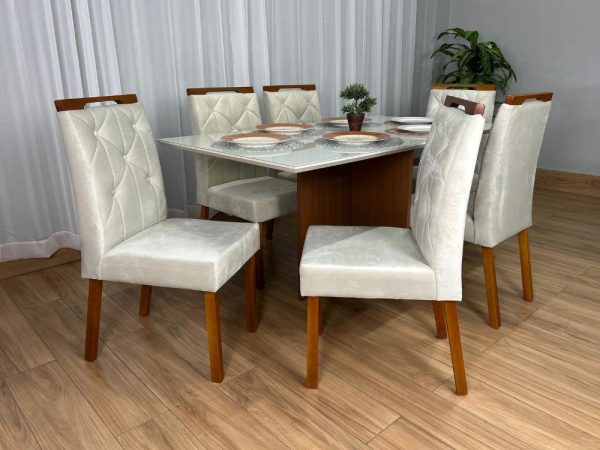 Mesa de Jantar Helo 1.60×0.90 Com 6 Cadeiras Jasmim - Freijó/Off White/Bege Veludo - Imagem 7
