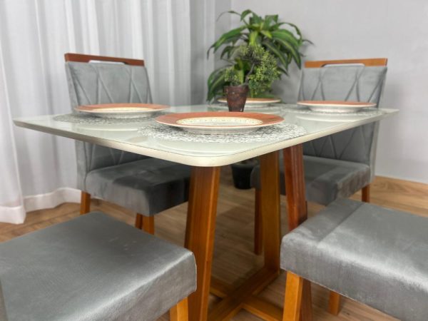 Mesa de Jantar Bali 90x90 Com 4 Cadeiras Isa - Cinamomo/Off White/Cinza Veludo - Imagem 5