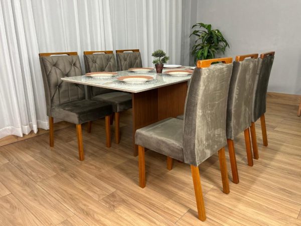 Mesa de Jantar Helo 1.60×0.90 Com 6 Cadeiras Jasmim - Freijó/Off White/Marrom Veludo - Imagem 7