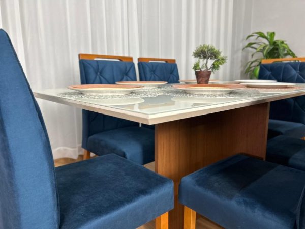 Mesa de Jantar Helo 1.60×0.90 Com 6 Cadeiras Jasmim - Freijó/Off White/Azul Veludo - Imagem 3