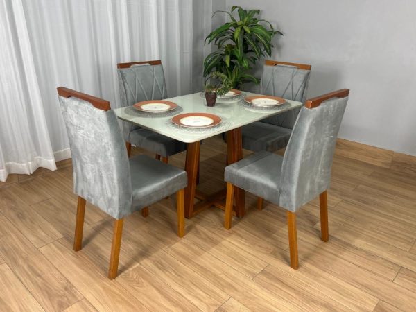 Mesa de Jantar Bali 1.20x0.80 Com 4 Cadeiras Isa - Cinamomo/Off White/Cinza Veludo - Imagem 4