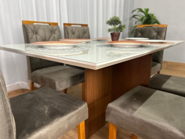 Mesa de Jantar Helo 1.60×0.90 Com 6 Cadeiras Jasmim - Freijó/Off White/Marrom Veludo - Imagem 2