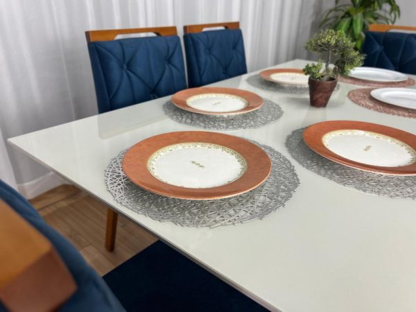 Mesa de Jantar Helo 1.60×0.90 Com 6 Cadeiras Jasmim - Freijó/Off White/Azul Veludo - Imagem 6