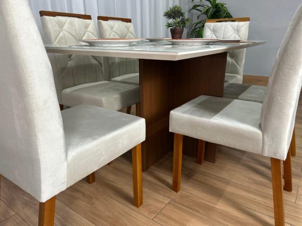 Mesa de Jantar Helo 1.60×0.90 Com 6 Cadeiras Jasmim - Freijó/Off White/Bege Veludo - Imagem 5