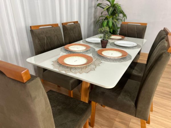 Mesa de Jantar Bali 1.60×0.80 Com 6 Cadeiras Isa – Cinamomo/Off White/Marrom Veludo - Imagem 4