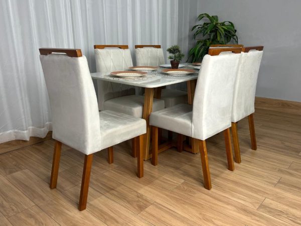 Mesa de Jantar Bali 1.60×0.80 Com 6 Cadeiras Isa – Cinamomo/Off White/Bege Veludo