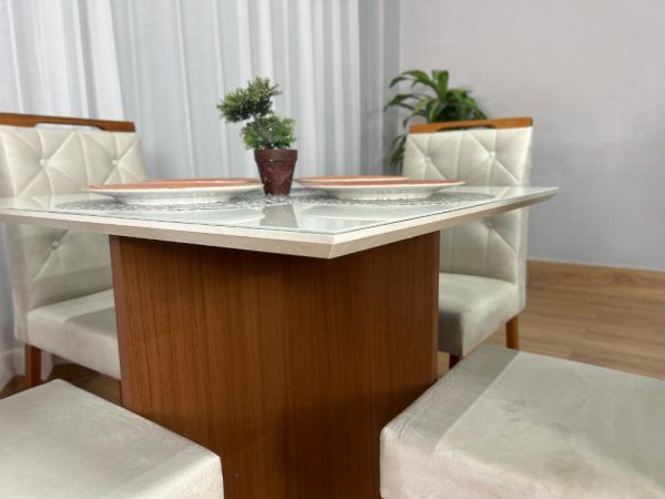 Mesa de Jantar Helo 0.90x0.90 Com 4 Cadeiras Jasmim - Freijó/Off White/Bege Veludo - Imagem 3