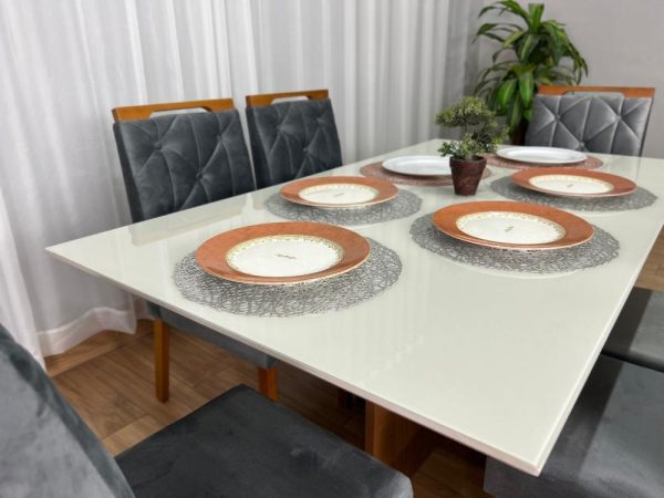Mesa de Jantar Helo 1.60×0.90 Com 6 Cadeiras Jasmim - Freijó/Off White/Cinza Veludo - Imagem 4
