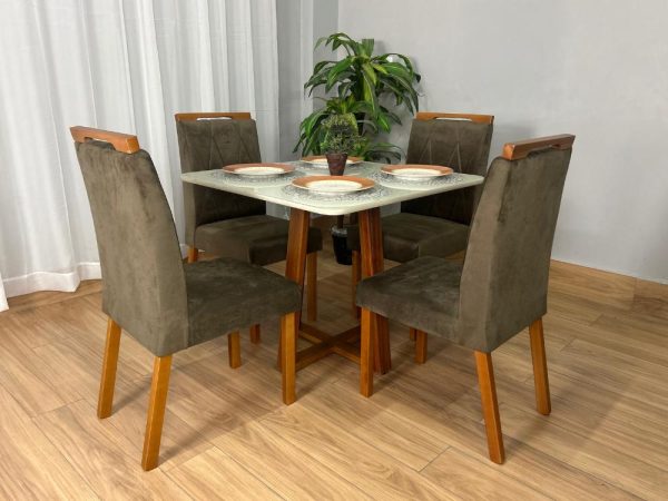 Mesa de Jantar Bali 90x90 Com 4 Cadeiras Isa - Cinamomo/Off White/Marrom Veludo - Imagem 3