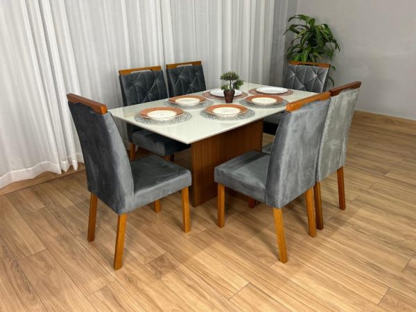 Mesa de Jantar Helo 1.60×0.90 Com 6 Cadeiras Jasmim - Freijó/Off White/Cinza Veludo