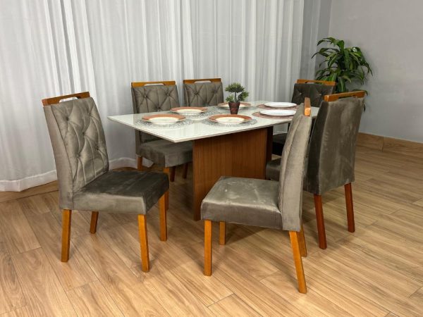 Mesa de Jantar Helo 1.60×0.90 Com 6 Cadeiras Jasmim - Freijó/Off White/Marrom Veludo - Imagem 6
