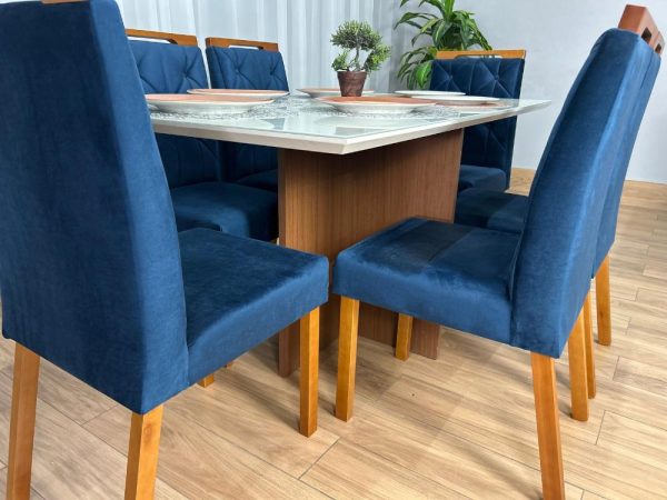 Mesa de Jantar Helo 1.60×0.90 Com 6 Cadeiras Jasmim - Freijó/Off White/Azul Veludo - Imagem 5
