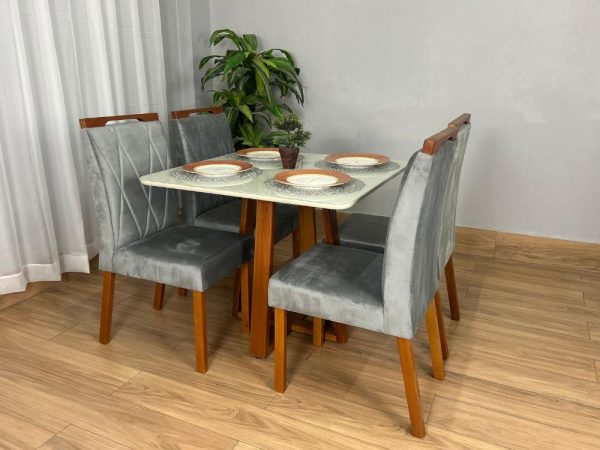 Mesa de Jantar Bali 90x90 Com 4 Cadeiras Isa - Cinamomo/Off White/Cinza Veludo - Imagem 3