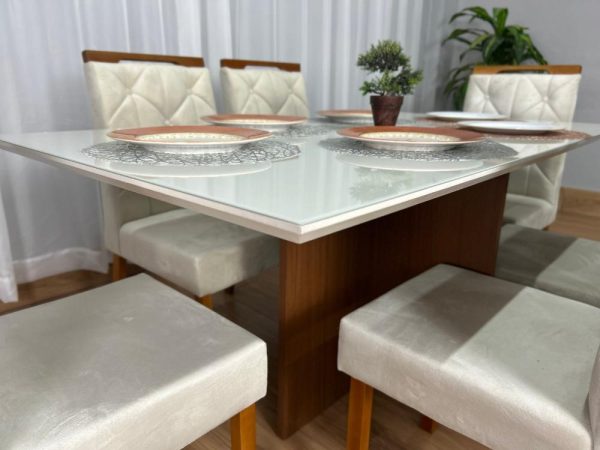 Mesa de Jantar Helo 1.60×0.90 Com 6 Cadeiras Jasmim - Freijó/Off White/Bege Veludo - Imagem 3