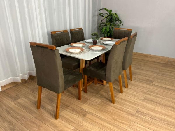 Mesa de Jantar Bali 1.60×0.80 Com 6 Cadeiras Isa – Cinamomo/Off White/Marrom Veludo - Imagem 2