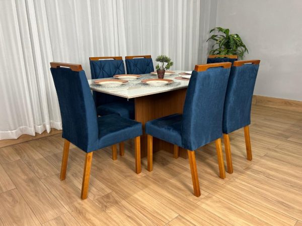 Mesa de Jantar Helo 1.60×0.90 Com 6 Cadeiras Jasmim - Freijó/Off White/Azul Veludo - Imagem 2