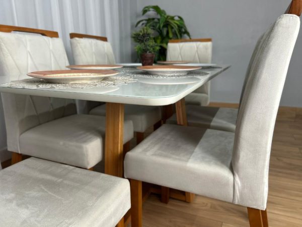 Mesa de Jantar Bali 1.60×0.80 Com 6 Cadeiras Isa – Cinamomo/Off White/Bege Veludo - Imagem 8
