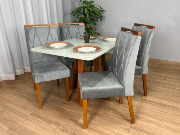 Mesa de Jantar Bali 1.20x0.80 Com 4 Cadeiras Isa - Cinamomo/Off White/Cinza Veludo - Imagem 3