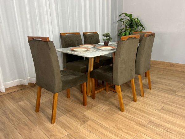 Mesa de Jantar Bali 1.60×0.80 Com 6 Cadeiras Isa – Cinamomo/Off White/Marrom Veludo