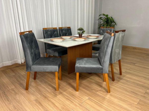 Mesa de Jantar Helo 1.60×0.90 Com 6 Cadeiras Jasmim - Freijó/Off White/Cinza Veludo - Imagem 9