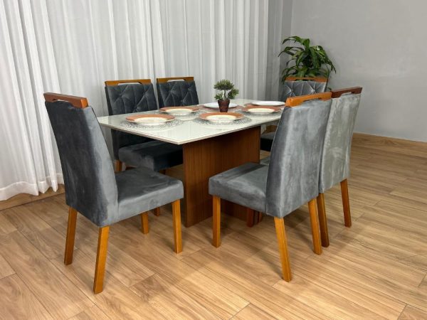 Mesa de Jantar Helo 1.60×0.90 Com 6 Cadeiras Jasmim - Freijó/Off White/Cinza Veludo - Imagem 3