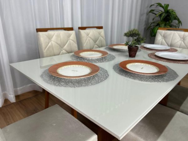 Mesa de Jantar Helo 1.60×0.90 Com 6 Cadeiras Jasmim - Freijó/Off White/Bege Veludo - Imagem 4