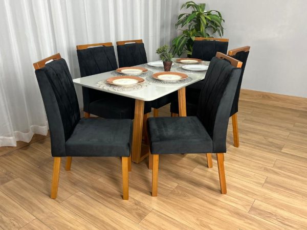 Mesa de Jantar Bali 1.60×0.80 Com 6 Cadeiras Isa – Cinamomo/Off White/Preto Veludo - Imagem 5