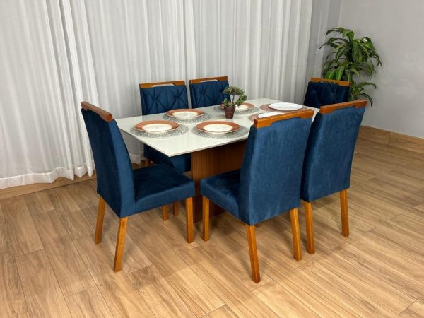 Mesa de Jantar Helo 1.60×0.90 Com 6 Cadeiras Jasmim - Freijó/Off White/Azul Veludo - Imagem 4