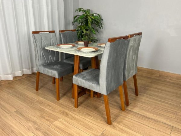 Mesa de Jantar Bali 90x90 Com 4 Cadeiras Isa - Cinamomo/Off White/Cinza Veludo - Imagem 4