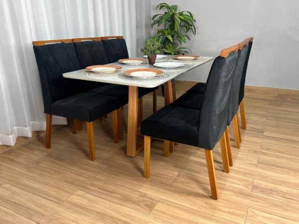 Mesa de Jantar Bali 1.60×0.80 Com 6 Cadeiras Isa – Cinamomo/Off White/Preto Veludo - Imagem 4