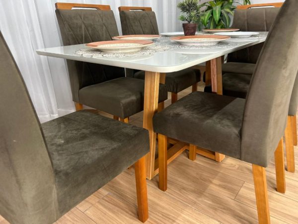 Mesa de Jantar Bali 1.60×0.80 Com 6 Cadeiras Isa – Cinamomo/Off White/Marrom Veludo - Imagem 3