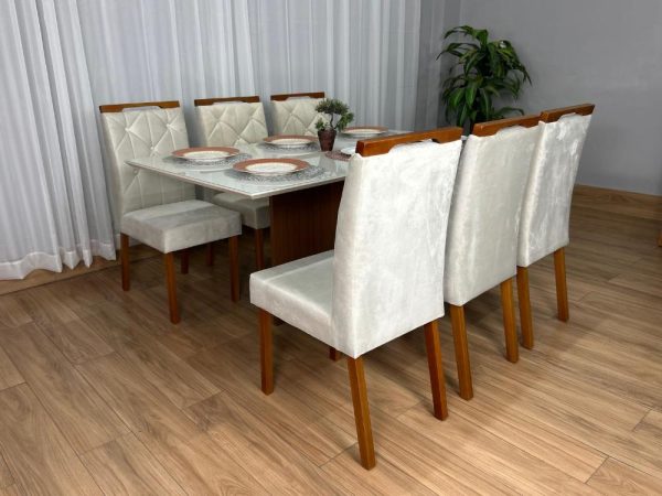 Mesa de Jantar Helo 1.60×0.90 Com 6 Cadeiras Jasmim - Freijó/Off White/Bege Veludo - Imagem 2