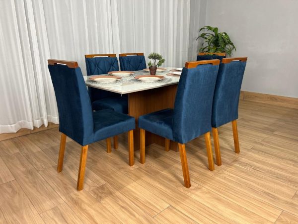 Mesa de Jantar Helo 1.60×0.90 Com 6 Cadeiras Jasmim - Freijó/Off White/Azul Veludo